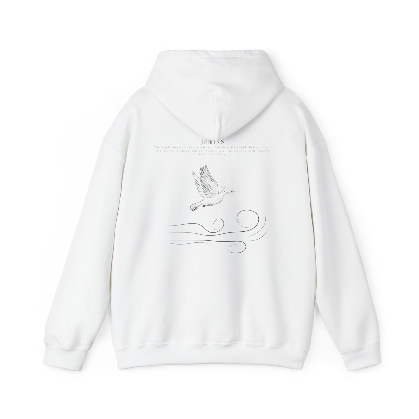 White Christian hoodie with John 3:8 Bible verse and dove design symbolizing the Holy Spirit, faith-based Scripture apparel for men and women