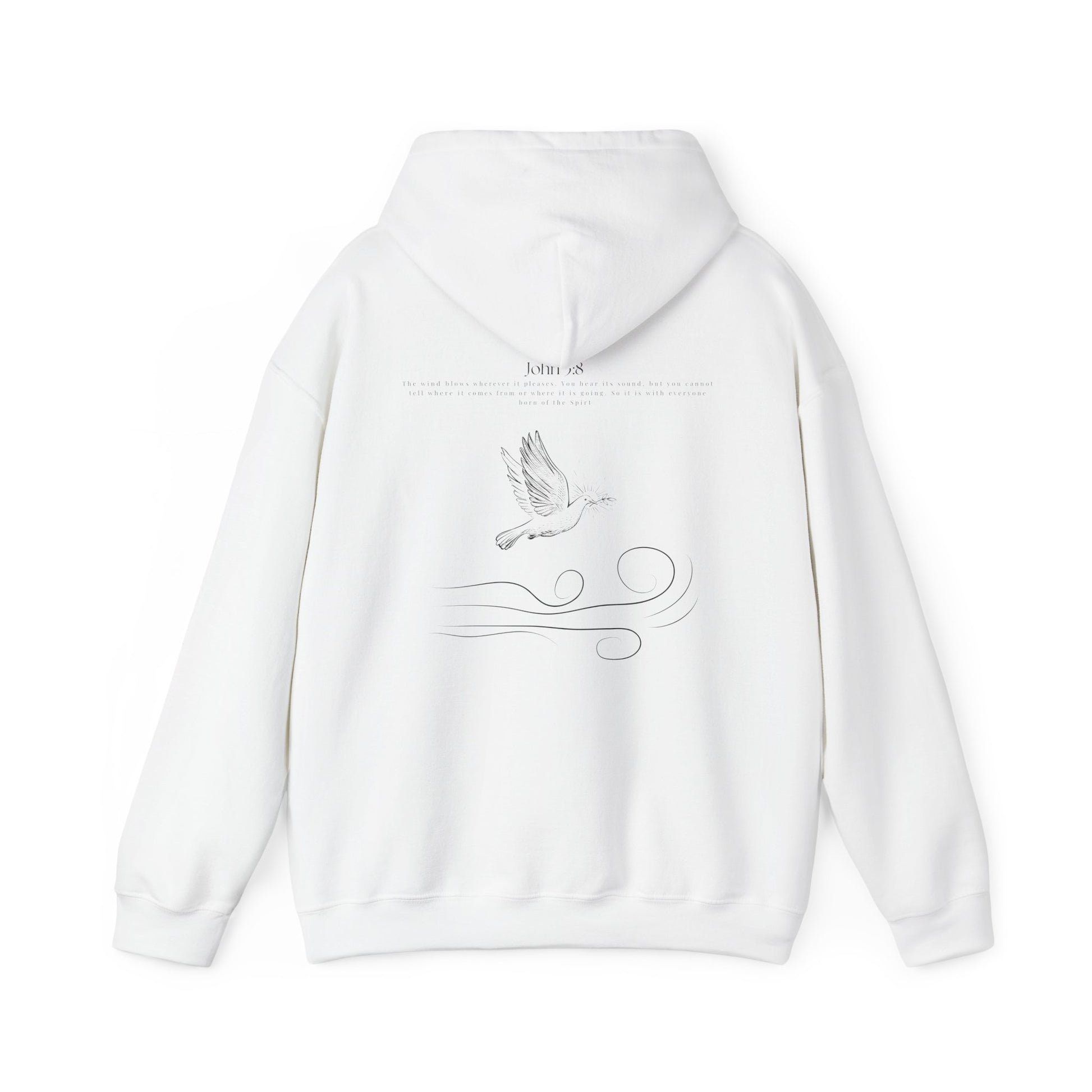 White Christian hoodie with John 3:8 Bible verse and dove design symbolizing the Holy Spirit, faith-based Scripture apparel for men and women