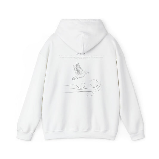 White Christian hoodie with John 3:8 Bible verse and dove design symbolizing the Holy Spirit, faith-based Scripture apparel for men and women