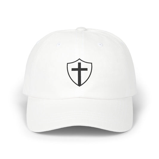 White Shield of God Christian dad cap with embroidered cross design – modern faith-based hat for men and women, Christian apparel and Catholic clothing accessory.